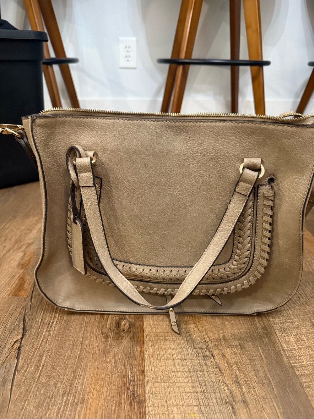 Sole Society Taupe Braided-Trim Shoulder Bag